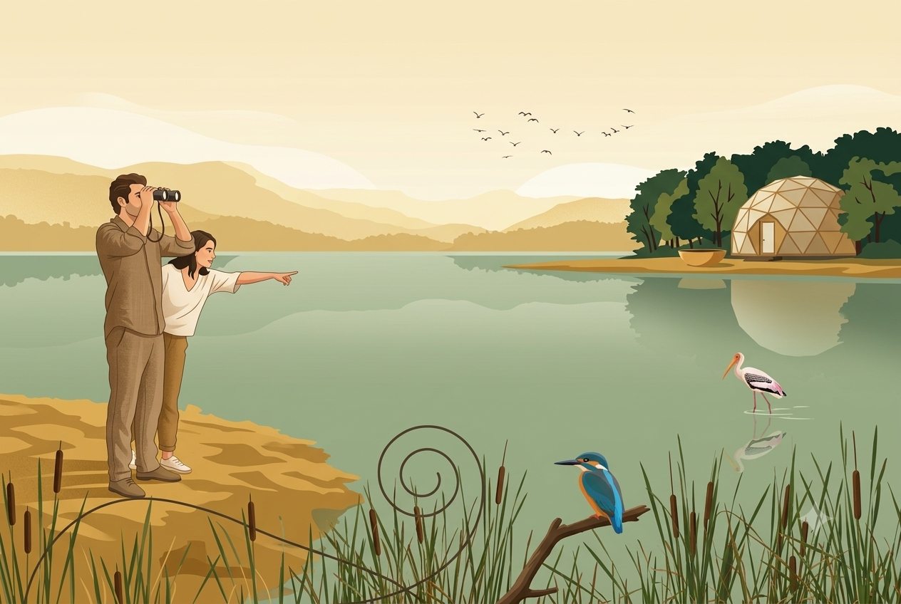 A couple watching birds with binoculars at the edge of Marasandra Lake at golden hour, a dome cottage among the trees