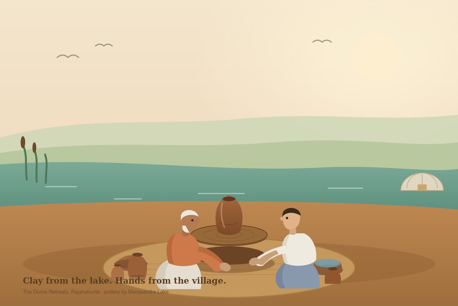 A guest shaping a clay pot on the wheel alongside a potter from the neighbouring village, beside Marasandra Lake