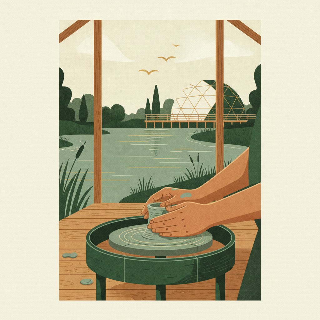 Illustration of hands shaping clay on a potter's wheel, overlooking the lake with the dome in the background
