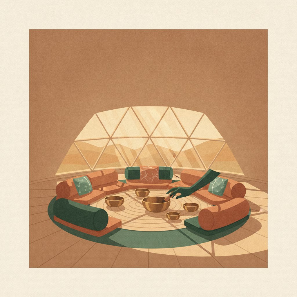 Illustration of a sound bath session inside a dome, singing bowls arranged in a circle